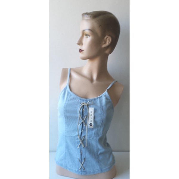 Top jean vintage des années 90 avec dentelle et schmock en cuir, dos réglable élastique