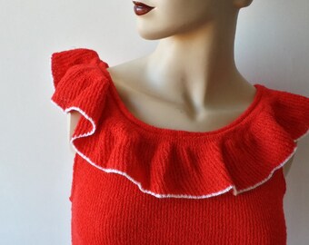 1970's stunning shirt met een Carmen halslijn ruches off shoulder  rood topje voor een warme zomerdag zomer kleding  tops flowerpower