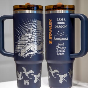 Dragon Hoarding Bookshelves Laser-Engraved Stanley Tumbler