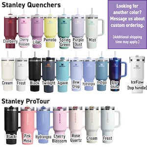 a collection of various colored stainless steel tumblers and mugs, including black, pink, blue, green, purple, and white. The tumblers are arranged in rows, showcasing the different colors available for custom ordering.