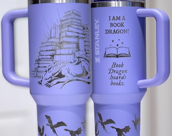 Dragon Hoarding Bookshelves Laser-Engraved Stanley Tumbler