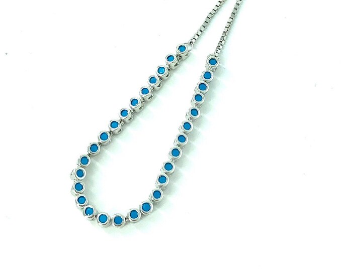Sterling Silver Arm Stack Adjustable Turquoise Tennis Bracelet Bezel Set