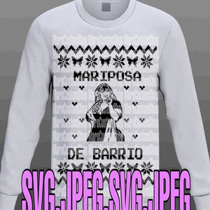 May include: A gray long-sleeved shirt with a black and white design. The design features a woman with a butterfly and the text "MARIPOSA DE BARRIO".