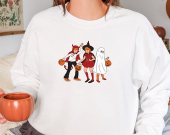 Retro Trick-Or-Treat Unisex Bluza z okrągłym dekoltem, Vintage Halloween, Słodka, Upiorna Koszulka