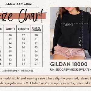 May include: Size chart for a Gildan 18000 unisex crewneck sweatshirt. The chart shows measurements in inches for width, length, and sleeve length for sizes S through 5XL.