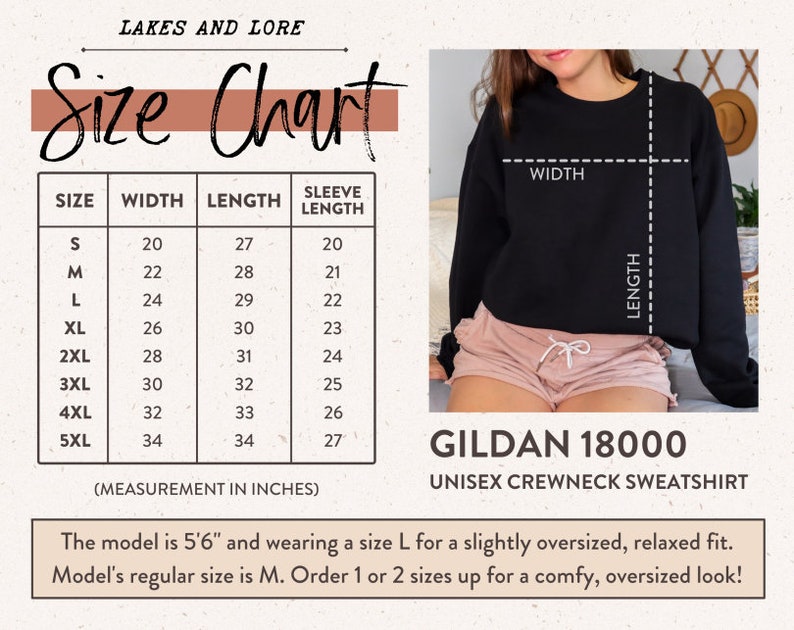 May include: Size chart for a Gildan 18000 unisex crewneck sweatshirt. The chart shows measurements in inches for width, length, and sleeve length for sizes S through 5XL.