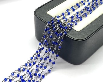 Blue Kyanite Quartz 3 feet black Plated 2mm Round Faceted Blue Kyanite Quartz 36 Inch Beads Rosary Chains Bulk for DIY Crafting Accessories