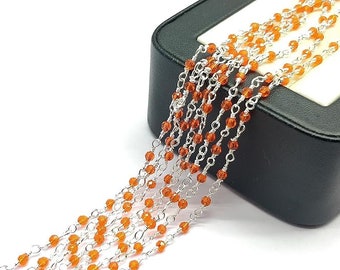 Orange Carnelian 3 feet Silver Plated 2mm Round Faceted Orange Carnelian 36 Inch Beads Rosary Chains Bulk for DIY Crafting Accessories