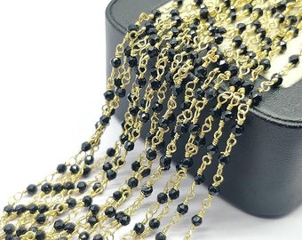 Black Onyx 3 feet Gold Plated 2mm Round Faceted Black Onyx 36 Inch Beads Rosary Chains Bulk for DIY Crafting Accessories