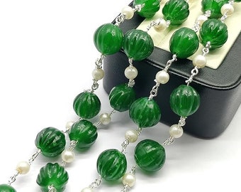 Green Chalcedony And Pearl 3 feet Silver Plated 4mm-8mm Melon Shape Smooth 36 Inch Beads Rosary Chains Bulk for DIY Crafting Accessories