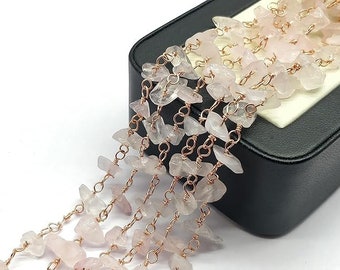 Rose Quartz 3 feet Rose Gold Plated 4-7mm Uncut Smooth Natural Rose Quartz 36 Inch Beads Rosary Chains Bulk for DIY Crafting Accessories