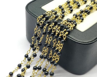 Black Spinel 3 feet Gold Plated 2mm Round Smooth Natural Black Spinel 36 Inch Beads Rosary Chains Bulk for DIY Crafting Accessories