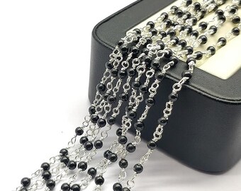 Black Spinel 3 feet Silver Plated 2mm Round Smooth Natural Black Spinel 36 Inch Beads Rosary Chains Bulk for DIY Crafting Accessories