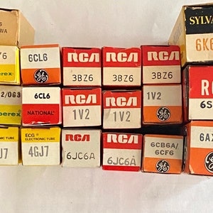 Lot of Vacuum Tubes Amperex RCA GE Sylvania 6K6GT 5751  6SQ7 6CL6 6JC6A 1V2 New Old Stock in Original Boxes