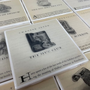 May include: A set of Harry Potter book chapter coasters. Each coaster features a different chapter title and illustration from the books. The coasters are made of a cream-colored material and have a slightly textured surface.