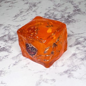 May include: Orange resin dice with a skeleton and other spooky designs inside.