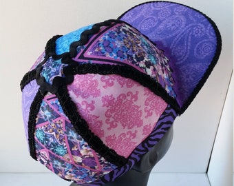 Handmade Snapback Hat, One of a Kind Hat, Festival Snapback No. 87 (kaleidoscope floral, pink damask, purple paisley, curelean blue)