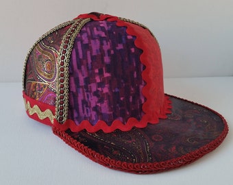 Handmade Snapback Hat, One of a Kind Hat, Festival Snapback- No. 36 (red, purple, gold, satin paisley)