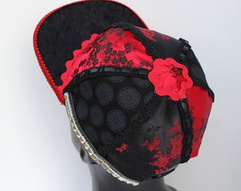 Handmade Snapback Hat, One of a Kind Hat, Festival Snapback No. 113 (black, red, satin, velvet, floral)