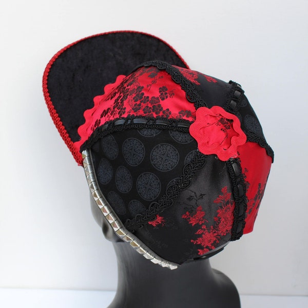 Handmade Snapback Hat, One of a Kind Hat, Festival Snapback No. 113 (black, red, satin, velvet, floral)