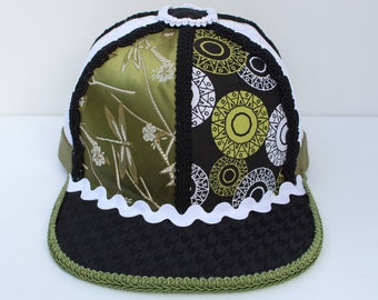 Handmade Snapback Hat, One of a Kind Hat, Festival Snapback No. 114 (olive, black, white, dragonfly, damask, houndstooth, sun)