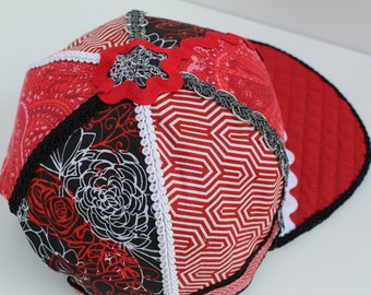 Handmade Snapback Hat, One of a Kind Hat, Festival Snapback No. 117 (red, white, black, silver, floral, paisley, illusion)