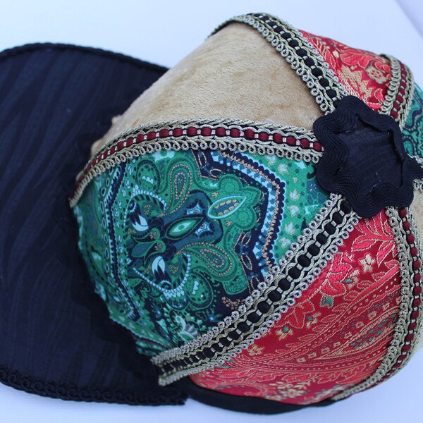 Handmade Snapback Hat, One of a Kind Hat, Festival Snapback No. 126 (red, gold, green, black, paisley, geometric, velvet, rasta, reggae)
