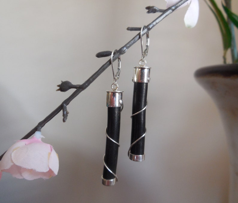 Natural Black Coral Earrings,Long Black Coral Stick Dangle Earrings,Modern Earrings,Sterling Silver Black Coral Drop Earrings,