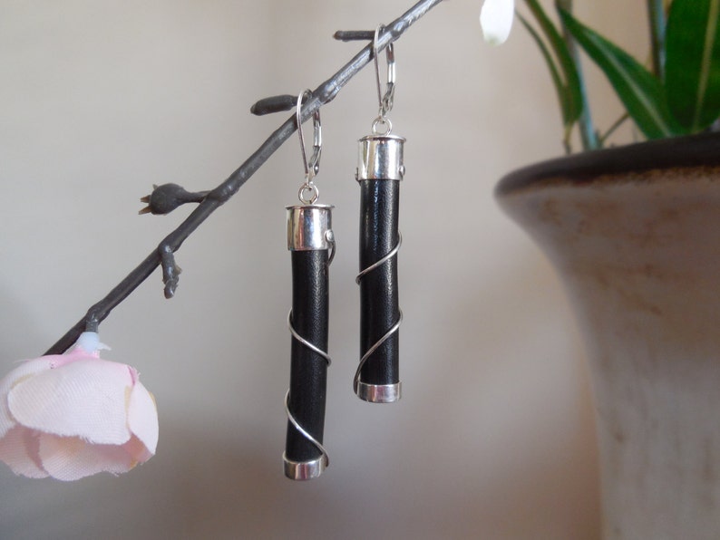 Natural Black Coral Earrings,Long Black Coral Stick Dangle Earrings,Modern Earrings,Sterling Silver Black Coral Drop Earrings,