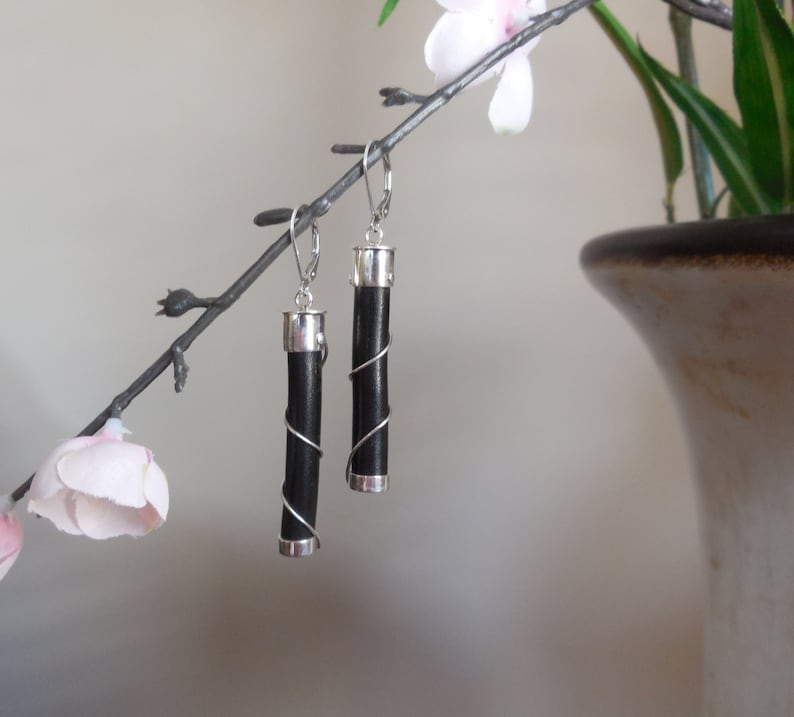 Natural Black Coral Earrings,Long Black Coral Stick Dangle Earrings,Modern Earrings,Sterling Silver Black Coral Drop Earrings,