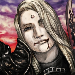 May include: Digital painting of a person with long, pale blonde hair and blue eyes, with a red gem on their forehead. The person has blood on their lips and chin. They are wearing black armor and a black shirt, with a red and black background.