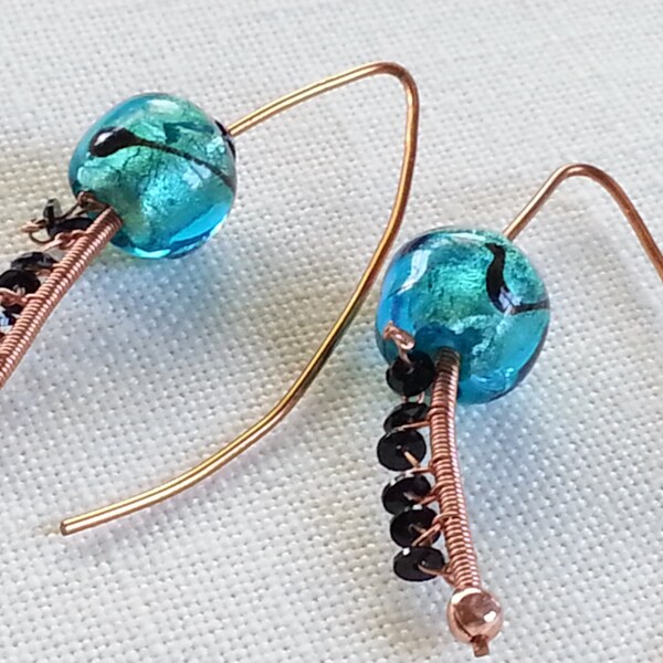 Handmade / solid copper earrings / Teal Fired Glass earrings / black lotus / Swarovski crystals / Asian earrings / wire wrapped earrings