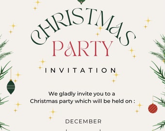 May include: A Christmas party invitation with a festive design. The invitation features a red and green Christmas tree, ornaments, and stars. The text reads "Christmas Party Invitation" and includes the date and time of the party. The location is listed as "At 123 anywhere st.,any city, st 12345".