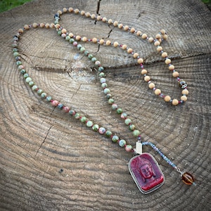 Peaceful Buddha Unakite, Olive Wood and Tiger Eye Handmade Lotus Mala