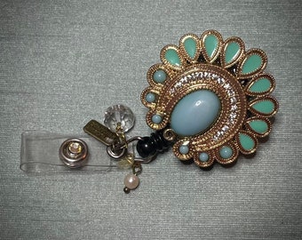 Opulent Peacock Golden Enameled Badge Reel for Nurse, Doctor or Other Professional