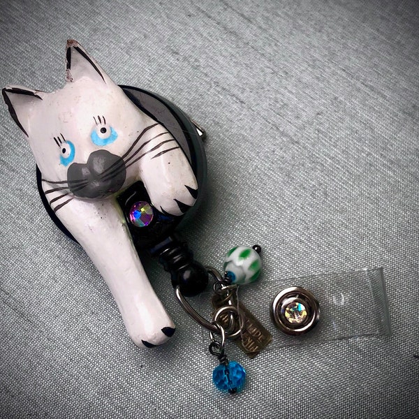 Whimsical White Folk-art Painted Cat Badge Reel ID for Nurse, Doctor or other Professional