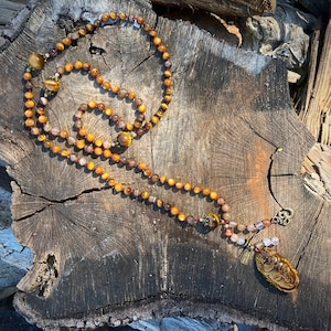 Fiery Tiger Eye, Pearl, and Agate 108 bead Traditional Tibetan Mala with Quan Yin Pendant