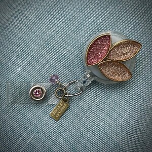 Modern Deco-style Pink Shimmering Leaves Badge Reel with Swarovski Crystal Accents for Nurse Doctor or other Professional