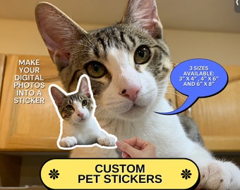 May include: A custom pet sticker with a cat's face on it. The sticker is available in three sizes: 3" x 4", 4" x 6", and 6" x 8".