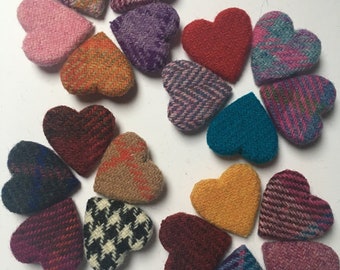 Harris Tweed Covered Wooden Heart Brooches, Pinks/purples