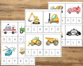 Vehicle 'Letter Clip Cards', PreK Kindergarten Learning Resources, Montessori Activity, Vehicle Vocabulary Cards, Vehicle Flashcards