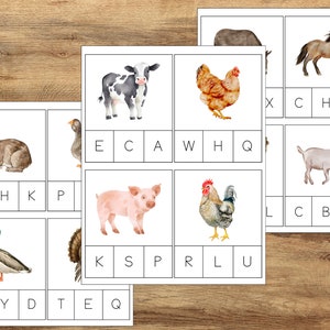 Cartões com clipes para letras de animais de fazenda, aprendizado de jardim de infância pré-escolar, recursos de aprendizagem, atividades Montessori, cartões de vocabulário de animais, cartões de memória de animais