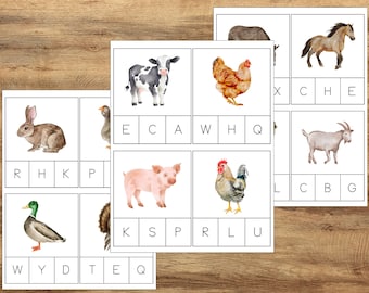 Farm Animal Letter Clip Cards, PreK Kindergarten Learning, Learning Resources, Montessori Activities, Animal Vocab Cards, Animal Flashcards
