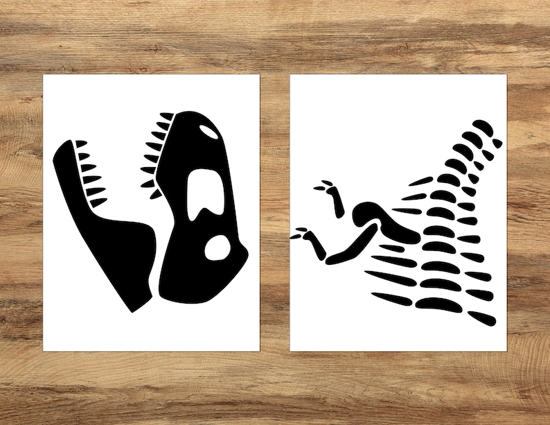 May include: Two black and white dinosaur silhouette illustrations. The first illustration is a dinosaur skull with teeth. The second illustration is a dinosaur skeleton.