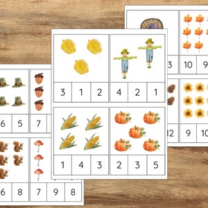 Cartões de contagem e clipe de outono, cartões de clipe de carta de outono, cartões de clipe montessori, recursos de aprendizagem pré-escolar, leitura de jardim de infância pré-escolar