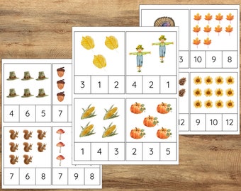 Autumn Count and Clip Cards, Autumn Letter Clip Cards, Montessori Clip Cards, PreK learning resources, Preschool Kindergarten reading