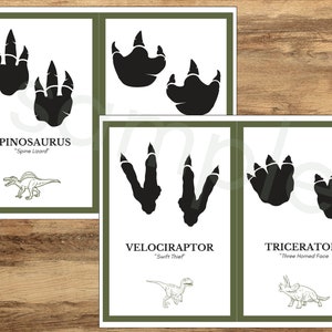 Op de afbeelding: Drie printbare kaarten met zwarte dinosaurusvoetafdrukken en illustraties van dinosaurussen. De kaarten bevatten de namen van de dinosaurussen: Spinosaurus "Stekelhagedis", Velociraptor "Snelle Dief", en Triceratops "Driehoornige Gezicht".