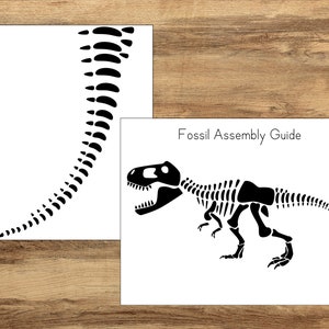 May include: A black and white dinosaur skeleton fossil assembly guide. The guide includes a diagram of the dinosaur skeleton and a separate sheet with the individual bones to be assembled.