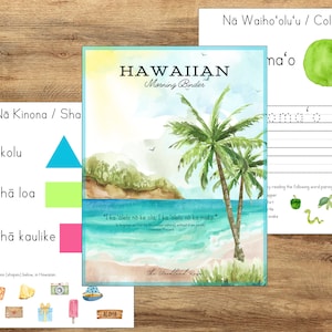 Può includere: Un foglio di lavoro stampabile colorato per insegnare la lingua e la cultura hawaiana. Il foglio di lavoro presenta un'illustrazione ad acquerello di una scena di spiaggia con palme e la frase "I ka 'alelo no ke ola, I ka 'alelo no ka make." Il foglio di lavoro include anche attività per identificare forme e colori in hawaiano.