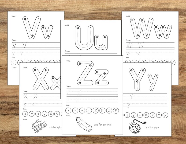 May include: Black and white printable worksheet for learning the alphabet. The worksheet features the letters V, U, W, X, Y, and Z with dotted lines to help children trace the letters. The worksheet also includes a section for children to find the letter, trace the letter, and color the letter. The worksheet also includes a picture of a xylophone, a zucchini, and a yo-yo.